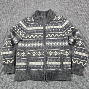 L.L.Bean Sweater Womens Petite Medium Gray Wool Fair Isle Full Zip Cardigan